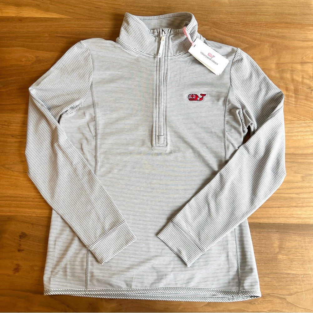 NWT Vineyard Vines Sankaty Heather Gray Stripe Half Zip Top British Flag Whale